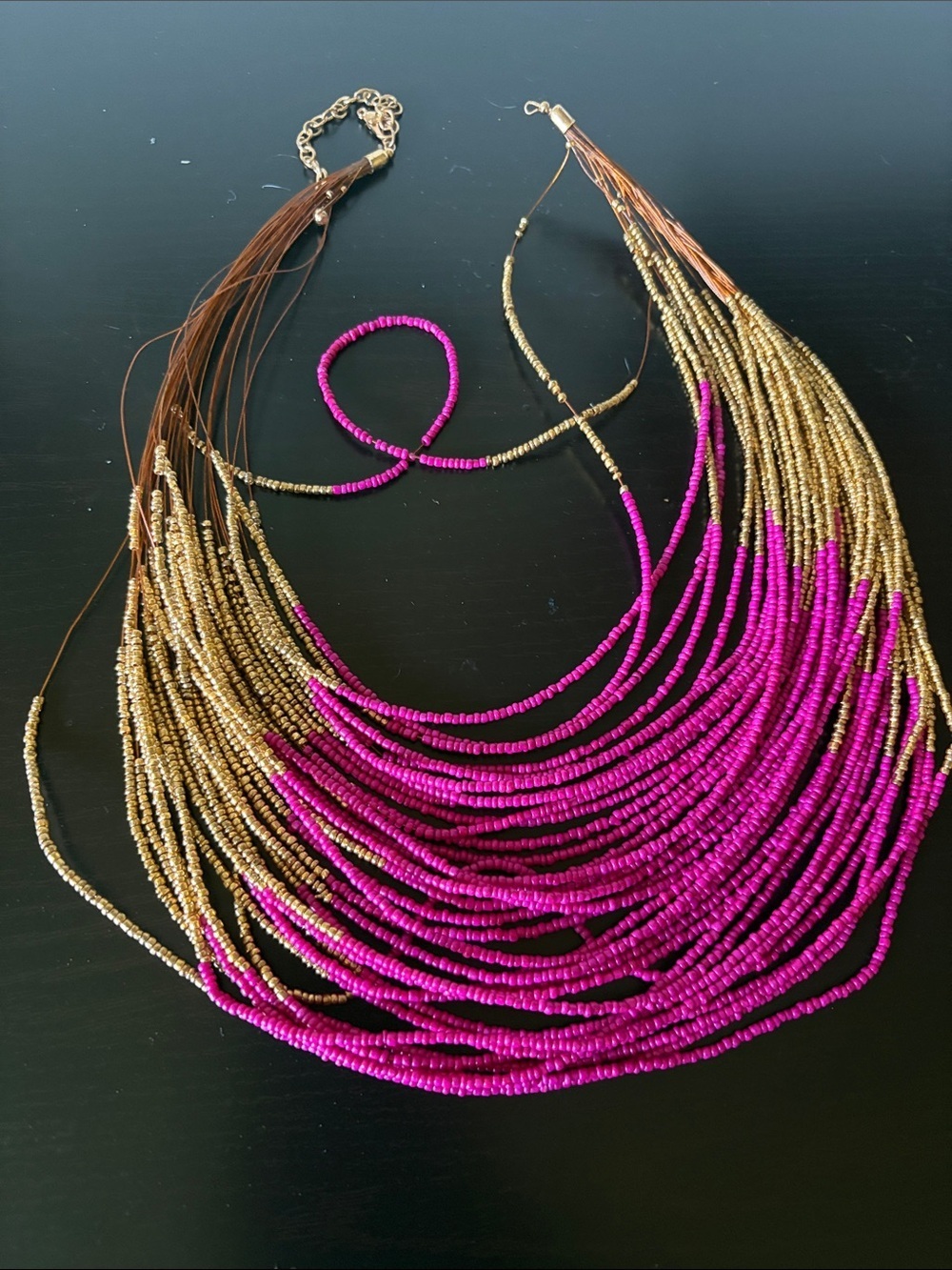 Multi-Strand Beaded Statement Necklace in Hot Pink and Gold